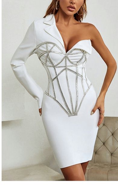 Load image into Gallery viewer, Rhinestone One Shoulder Stretch Turndown Collar Bodycon Stylish Mini dress
