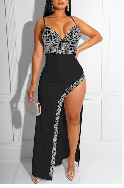 Dazzling Elegance Rhinestone Prom Gown" A Showstopper with High Slit Glamour   Sizes S to 2XL