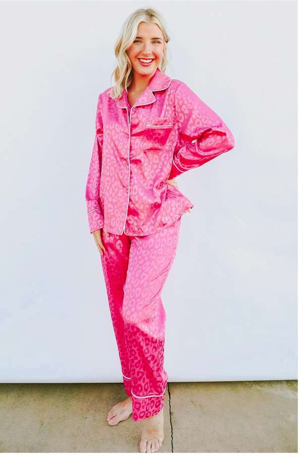 Rose 2pcs Leopard Satin Long Sleeve Pajamas Set