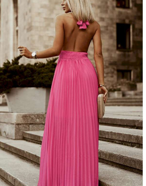 Load image into Gallery viewer, Rose Pink Halter Sleeveless Open Back Pleated Maxi Dress
