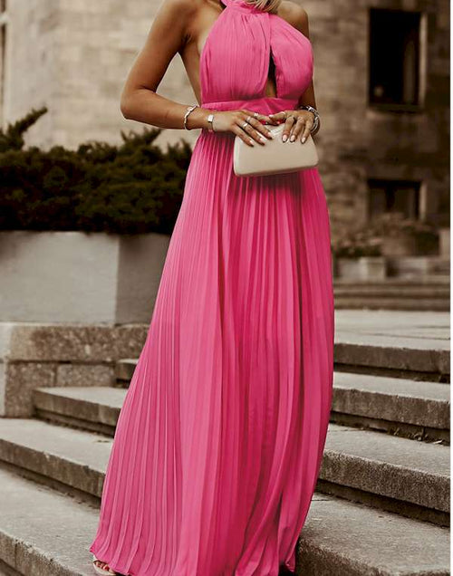 Load image into Gallery viewer, Rose Pink Halter Sleeveless Open Back Pleated Maxi Dress
