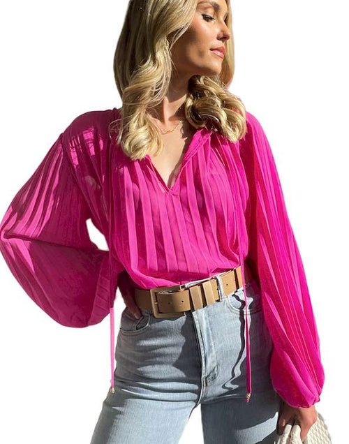 Load image into Gallery viewer, Rose Pleated Bead String Tie V Neck Blouse
