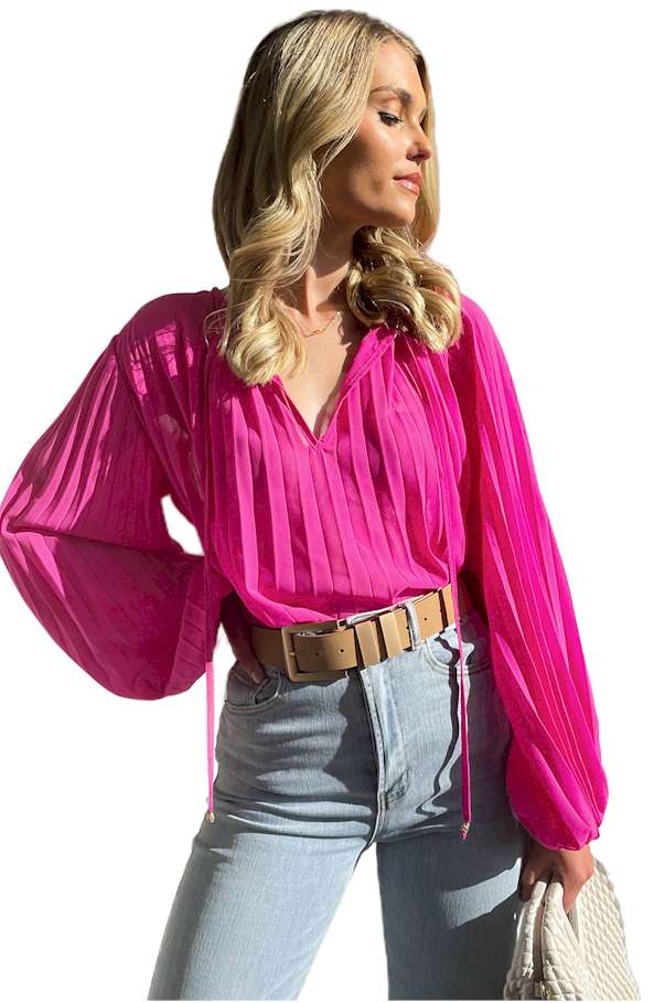 Rose Pleated Bead String Tie V Neck Blouse