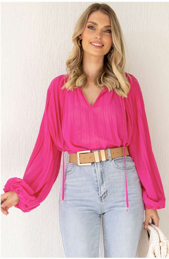 Rose Pleated Bead String Tie V Neck Blouse