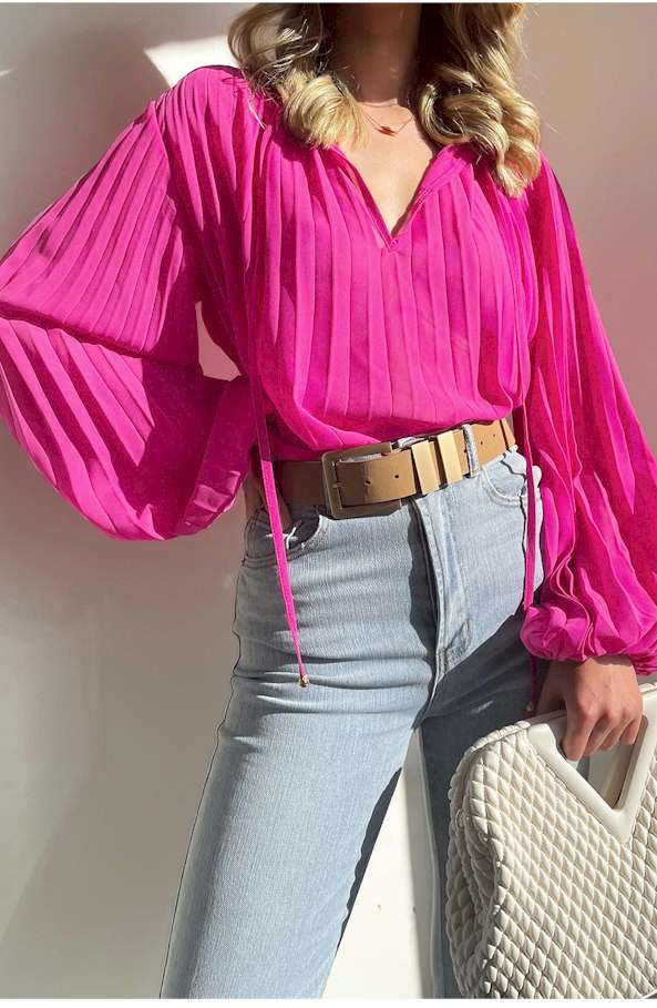 Rose Pleated Bead String Tie V Neck Blouse