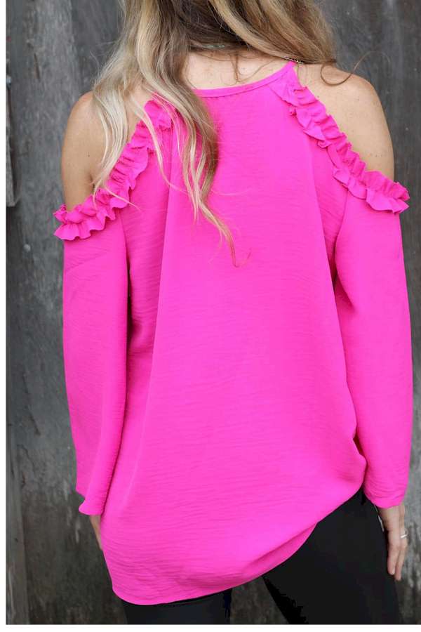 Rose Ruffled Cold Shoulder Long Sleeve Top