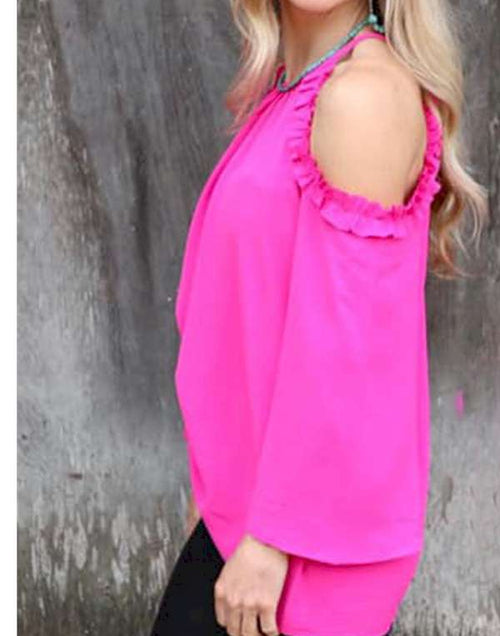 Load image into Gallery viewer, Rose Ruffled Cold Shoulder Long Sleeve Top
