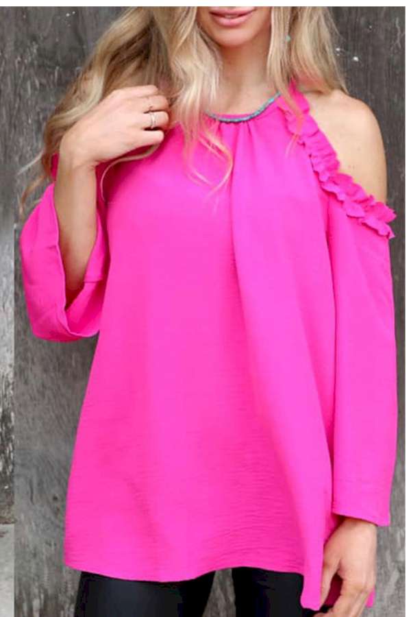 Rose Ruffled Cold Shoulder Long Sleeve Top