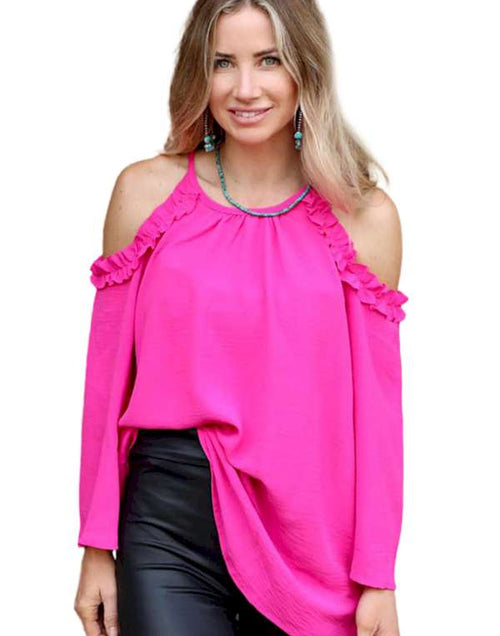 Load image into Gallery viewer, Rose Ruffled Cold Shoulder Long Sleeve Top
