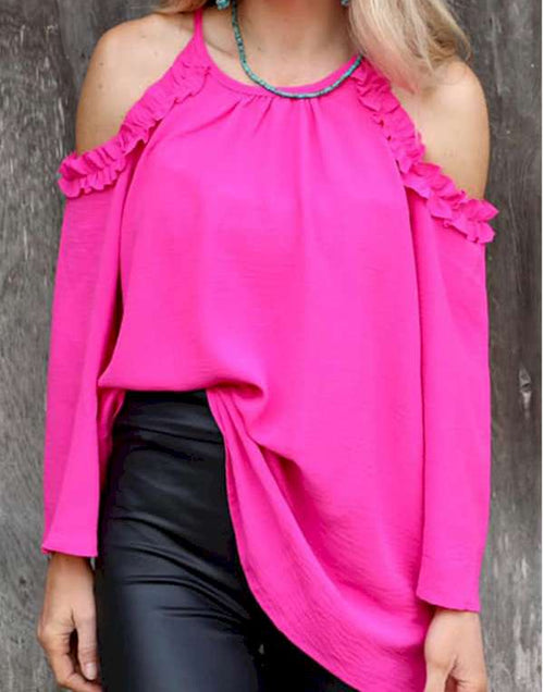 Load image into Gallery viewer, Rose Ruffled Cold Shoulder Long Sleeve Top
