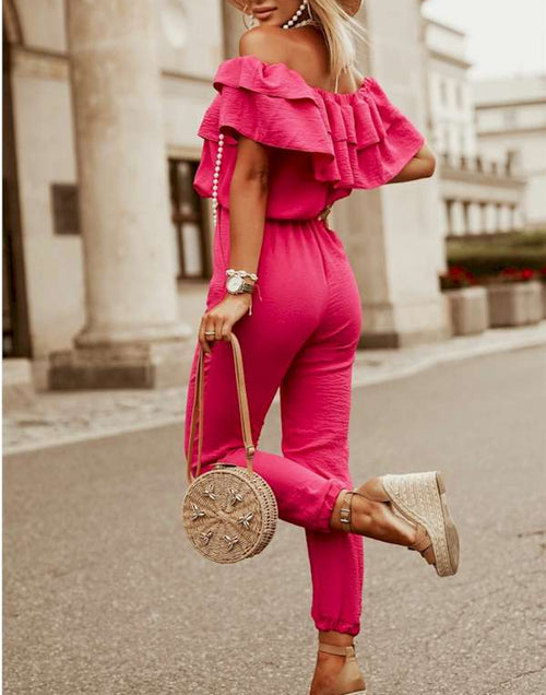 Load image into Gallery viewer, Rose Ruffled Off Shoulder Jogger Jumpsuit
