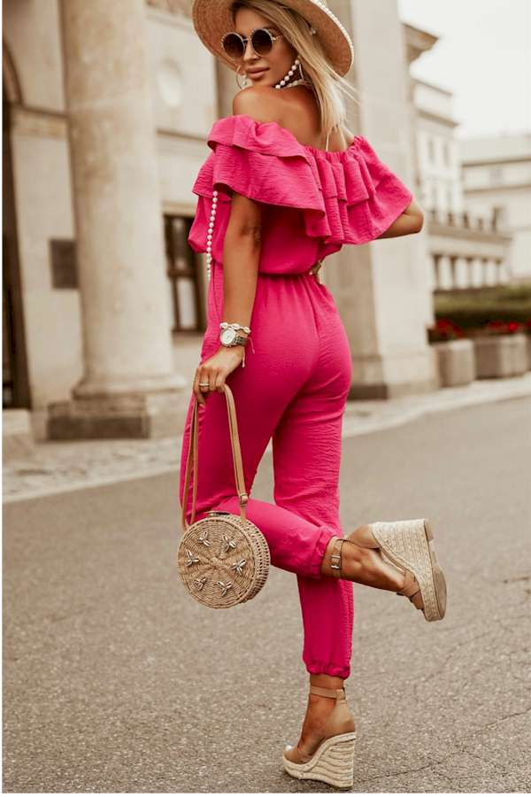 Rose Ruffled Off Shoulder Jogger Jumpsuit