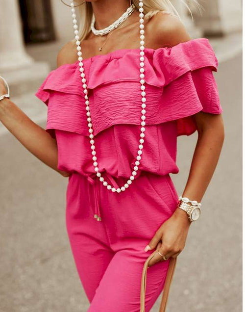 Load image into Gallery viewer, Rose Ruffled Off Shoulder Jogger Jumpsuit
