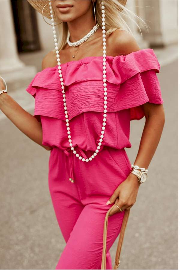 Rose Ruffled Off Shoulder Jogger Jumpsuit