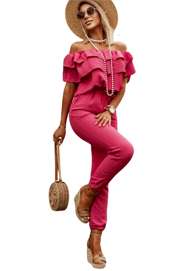 Rose Ruffled Off Shoulder Jogger Jumpsuit