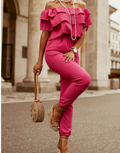 Load image into Gallery viewer, Rose Ruffled Off Shoulder Jogger Jumpsuit
