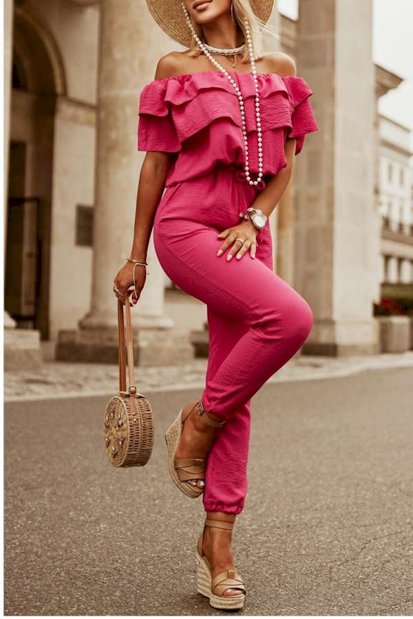 Rose Ruffled Off Shoulder Jogger Jumpsuit