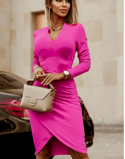 Load image into Gallery viewer, Rose V Neck Ruched Wrap Bodycon Dress
