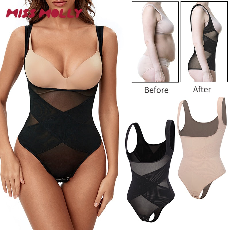 Mesh Thongs Bodysuit Shapewear Women Seamless Full Body Shaper Waist Slim Tummy Control Underwear Flat Belly Underbust Corset