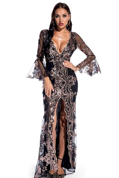 Starry Night Glamour: Sequin Embroidered Gown with Deep V Neck