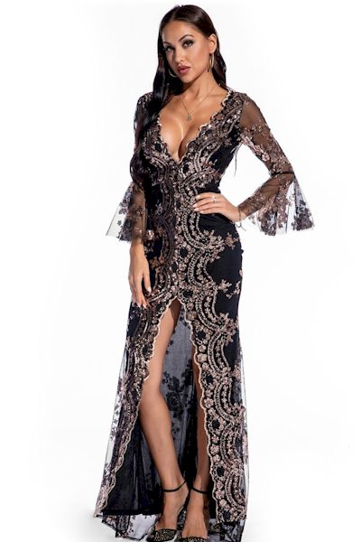 Load image into Gallery viewer, Starry Night Glamour: Sequin Embroidered Gown with Deep V Neck
