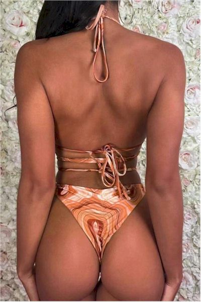 Load image into Gallery viewer, Sexy Print Padded Halter-Neck Lace-Up Cutout Ring Linked Three-Piece Swimsuit
