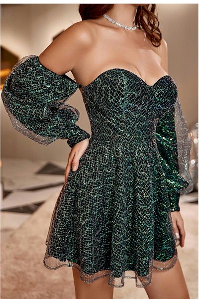 Load image into Gallery viewer, Sexy Strapless Sequins Mini Prom Dress W/Detachable Sleeves
