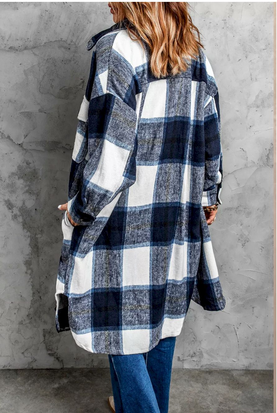 Shirt Collar Button Closure Plaid Coat