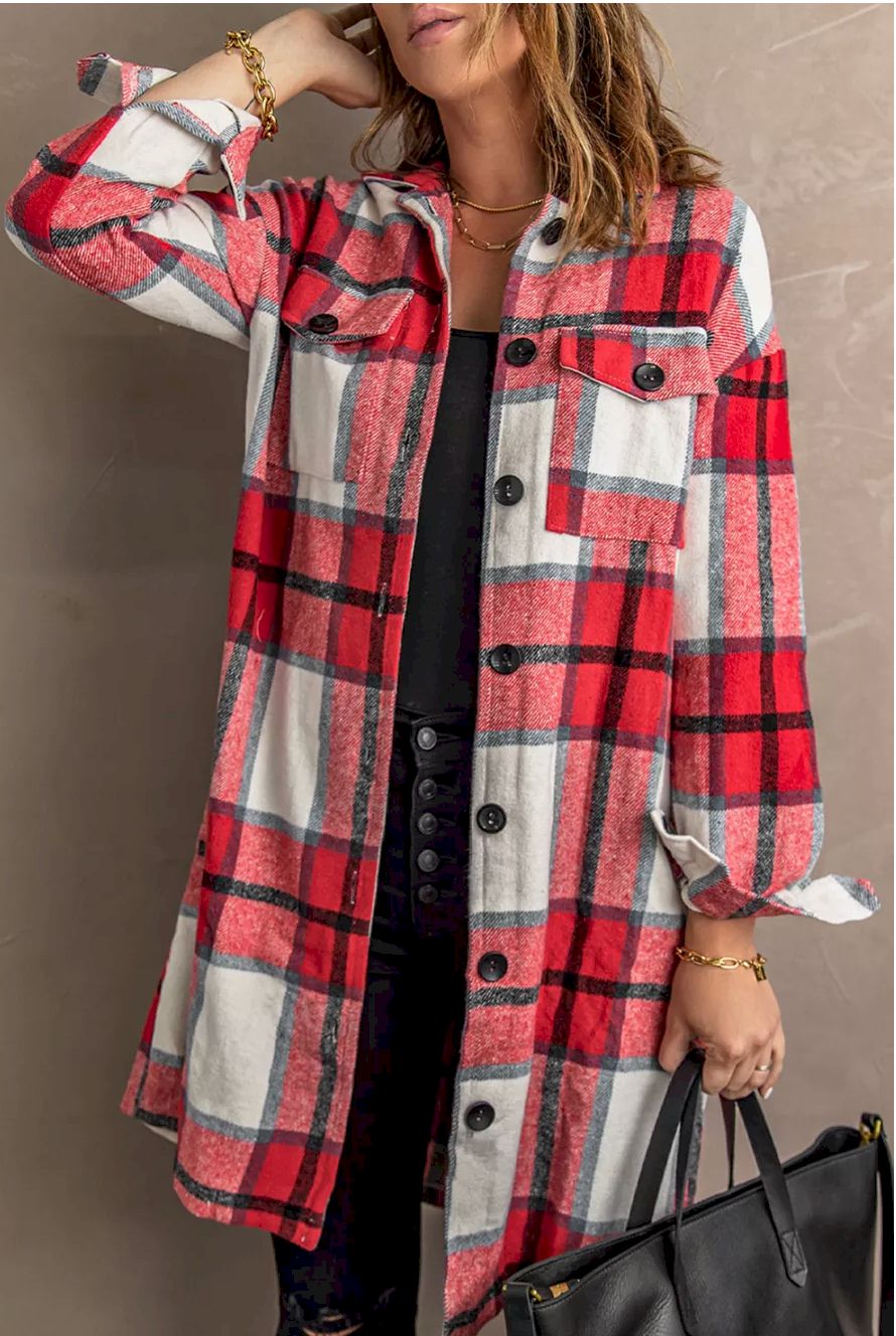 Shirt Collar Button Closure Plaid Coat