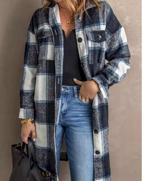 Load image into Gallery viewer, Shirt Collar Button Closure Plaid Coat
