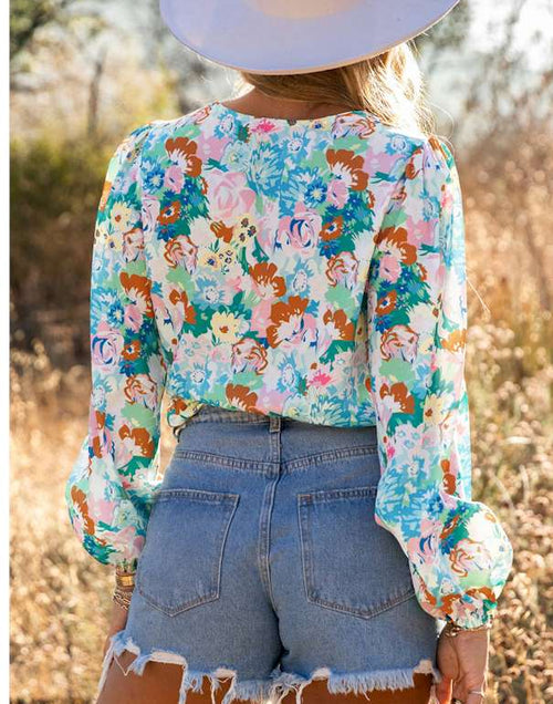 Load image into Gallery viewer, Sky Blue Floral Print Wrap Long Sleeve Bodysuit
