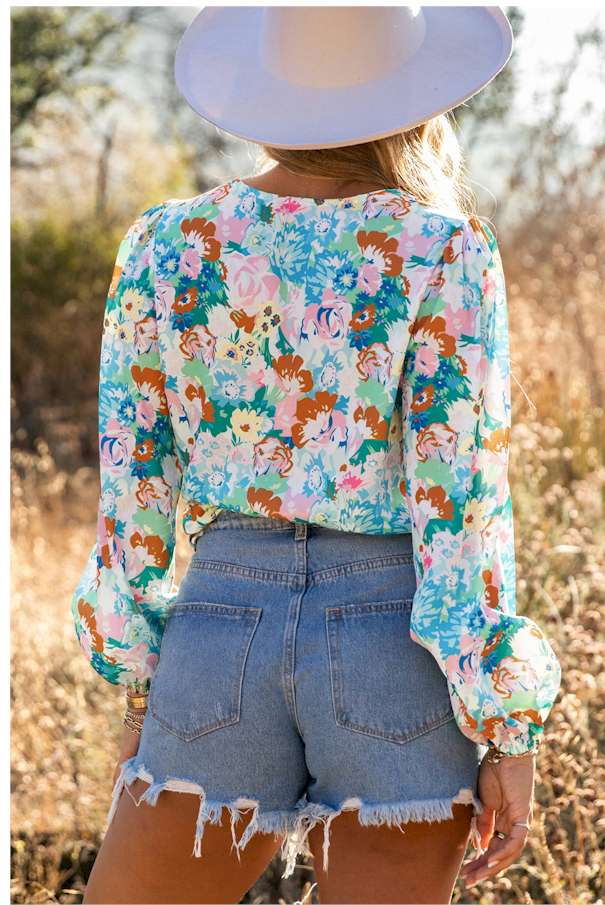 Sky Blue Floral Print Wrap Long Sleeve Bodysuit