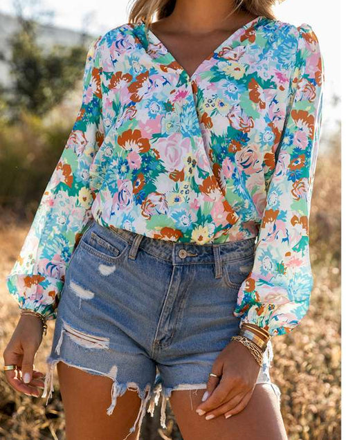 Load image into Gallery viewer, Sky Blue Floral Print Wrap Long Sleeve Bodysuit
