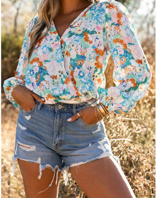 Load image into Gallery viewer, Sky Blue Floral Print Wrap Long Sleeve Bodysuit
