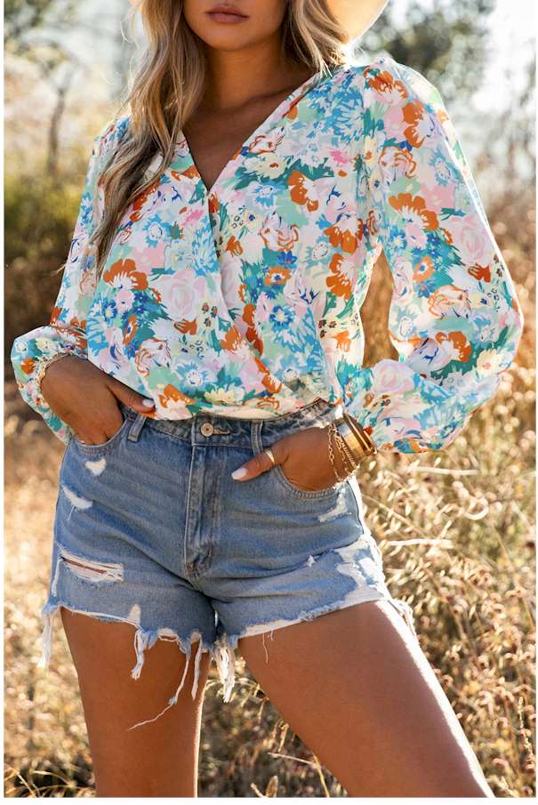 Sky Blue Floral Print Wrap Long Sleeve Bodysuit