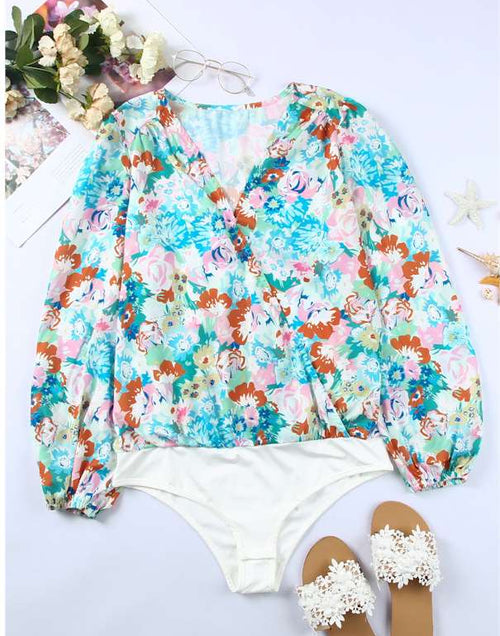 Load image into Gallery viewer, Sky Blue Floral Print Wrap Long Sleeve Bodysuit
