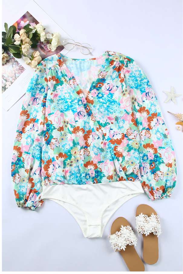 Sky Blue Floral Print Wrap Long Sleeve Bodysuit