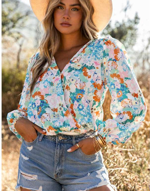 Load image into Gallery viewer, Sky Blue Floral Print Wrap Long Sleeve Bodysuit
