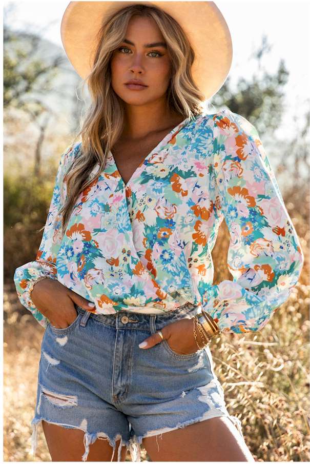 Sky Blue Floral Print Wrap Long Sleeve Bodysuit