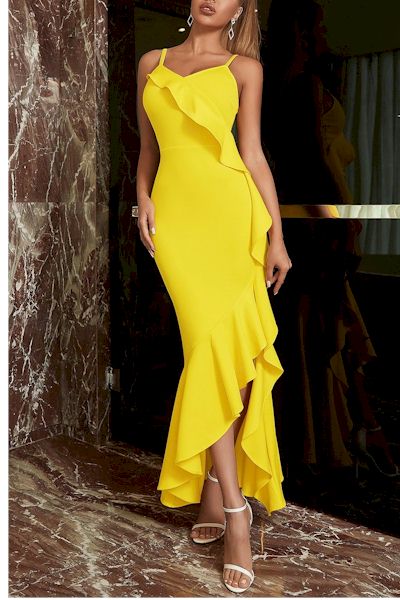 Load image into Gallery viewer, Timeless Beauty: Classic Silhouette Yellow Sexy Maxi Gown
