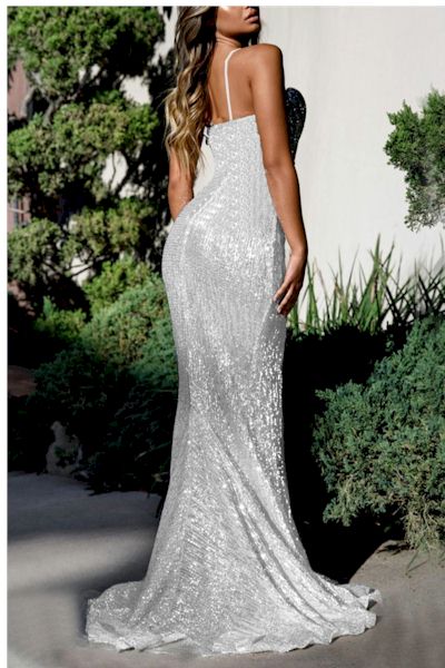 Load image into Gallery viewer, Glamour in Motion: Sling Sequins Maxi Dress with High Slit
