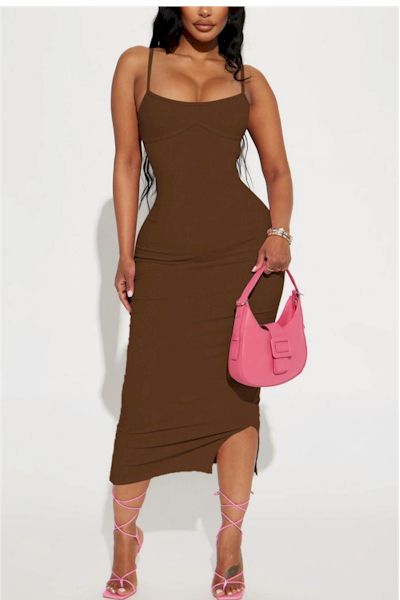 Stretch Low Cut Sling Backless Slit Slim Midi Dress