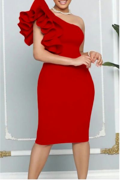 Load image into Gallery viewer, Graceful Glamour: Stunning One Shoulder Midi with Figure-Flattering Ruffles
