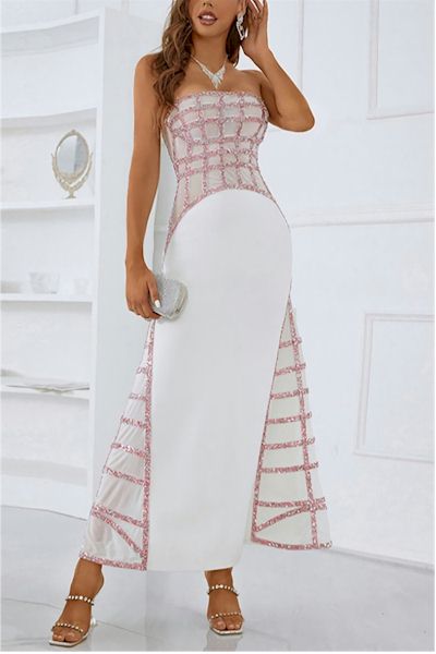 Stretch Tube design Rhinestone Zip-Up Pretty Swing Maxi  Dress