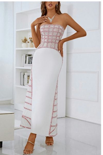 Stretch Tube design Rhinestone Zip-Up Pretty Swing Maxi  Dress