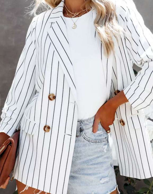 Load image into Gallery viewer, White Double Breasted Pocketed Striped Blazer
