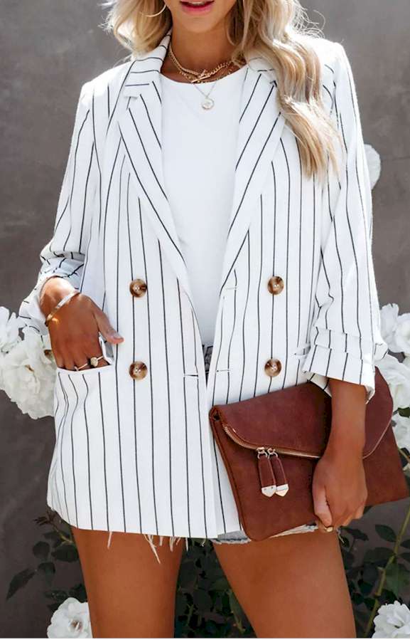 White Double Breasted Pocketed Striped Blazer