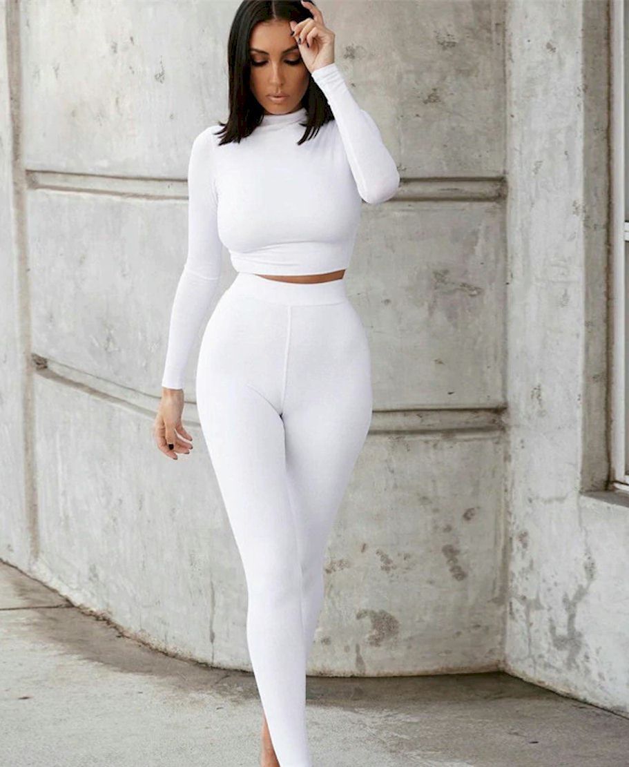 Bodycon Stretchy Two Piece Solid Color Top with Leggings