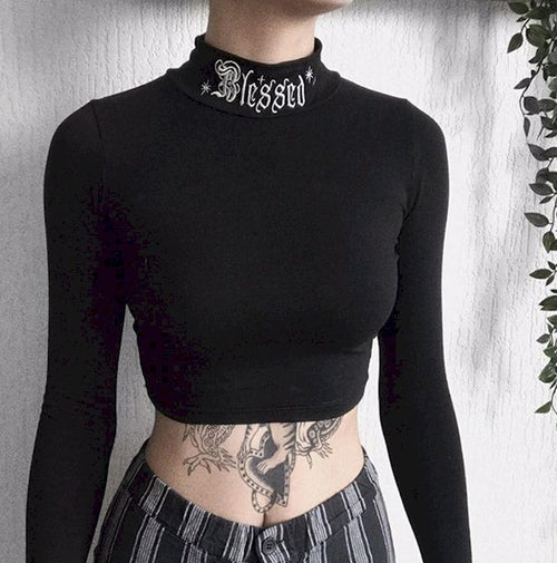 Load image into Gallery viewer, Black Bodycon Long Sleeve Crop Tops Gothic Solid
