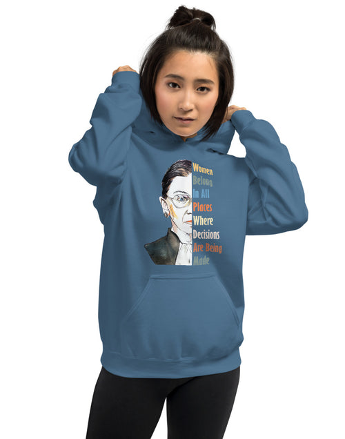 Load image into Gallery viewer, Model Wearing Notorious RBG - Women Belong in All Places Where Decisions Are Being Made Unisex Hoodie
